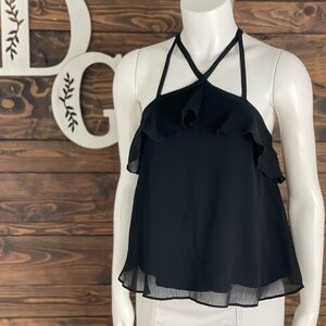 Hollister | Criss Cross Strappy Halter Neck Ruffle Trim Sheer Lined‎ Tank Top